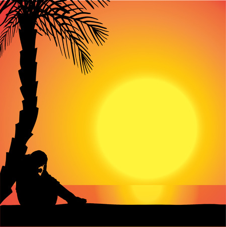 Vector silhouette of a woman on the beach at sunset.のイラスト素材