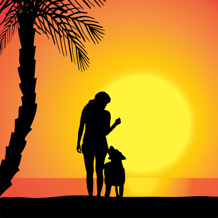 Vector silhouette of a woman with a dog on the beach at sunset.のイラスト素材
