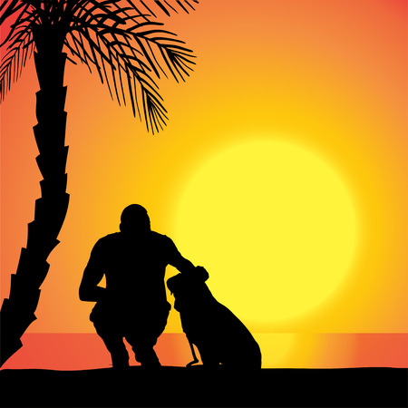 Vector silhouette of a man with a dog on the beach at sunset.のイラスト素材