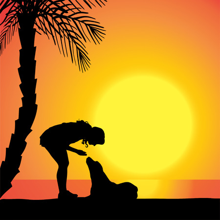 Vector silhouette of a woman with a dog on the beach at sunset.のイラスト素材