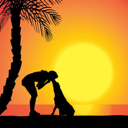 Vector silhouette of a woman with a dog on the beach at sunset.のイラスト素材