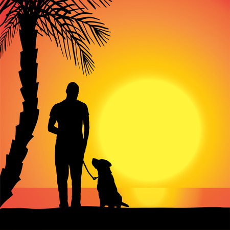 Vector silhouette of a man with a dog on the beach at sunset.のイラスト素材
