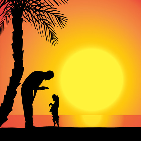 Vector silhouette of a man with a dog on the beach at sunset.のイラスト素材