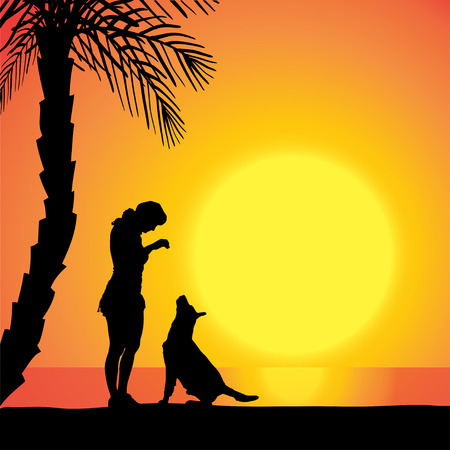 Vector silhouette of a woman with a dog on the beach at sunset.のイラスト素材