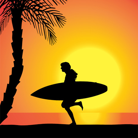 Vector silhouette of a woman with a surfboard at sunset.のイラスト素材