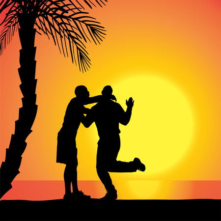Vector silhouette of homosexuals on the beach at sunset.のイラスト素材