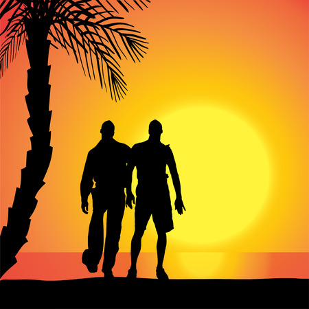 Vector silhouette of homosexuals on the beach at sunset.のイラスト素材
