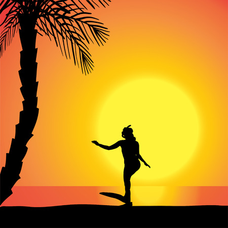 Vector silhouette of diver in the ocean at sunset.のイラスト素材