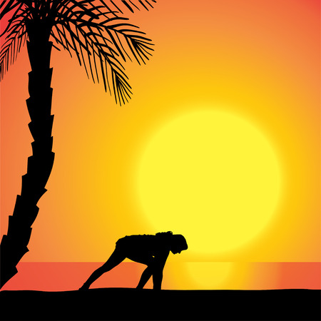 Vector silhouette of a woman exercising outdoors during sunset.のイラスト素材