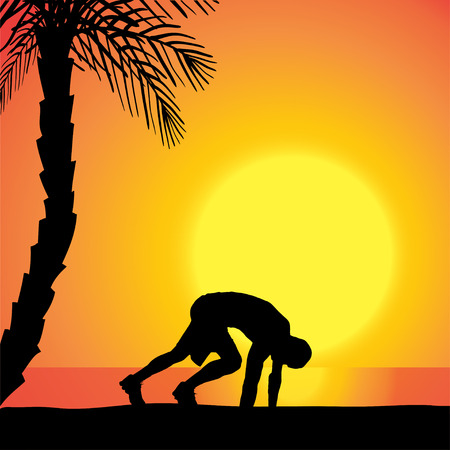 Vector silhouette of a man exercising outdoors during sunset.のイラスト素材