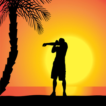 Vector silhouette of a man exercising outdoors during sunset.のイラスト素材