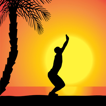 Vector silhouette of a man exercising outdoors during sunset.のイラスト素材