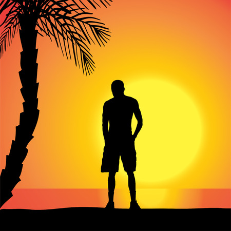Vector silhouette of a man  exercising outdoors during sunset.のイラスト素材