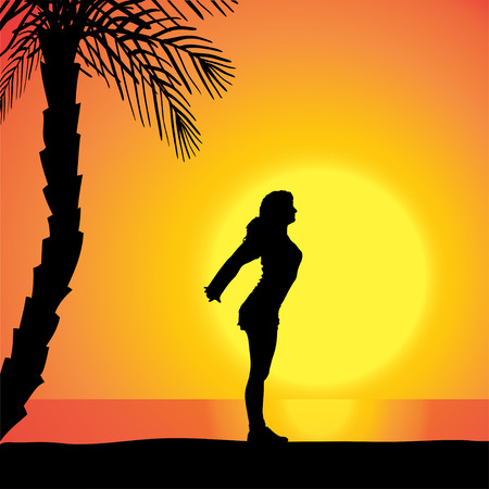 Vector silhouette of a woman exercising outdoors during sunset.のイラスト素材