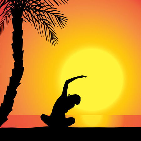 Vector silhouette of a woman exercising outdoors during sunset.のイラスト素材