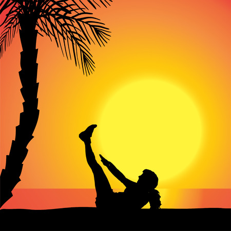 Vector silhouette of a woman exercising outdoors during sunset.のイラスト素材