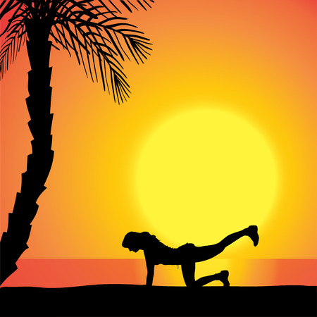 Vector silhouette of a woman exercising outdoors during sunset.のイラスト素材