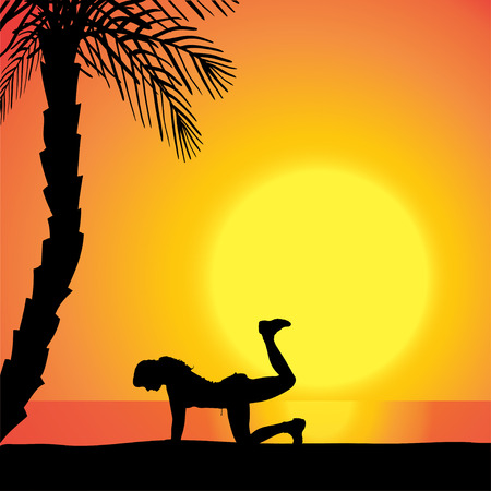 Vector silhouette of a woman exercising outdoors during sunset.のイラスト素材