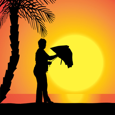 Vector silhouette of a woman at the sunset.のイラスト素材