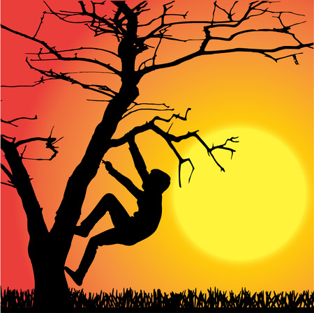 Vector silhouette of children who play at sunset.のイラスト素材