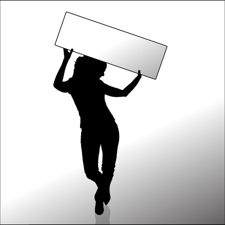 Vector silhouette of a woman with a sign for text.のイラスト素材