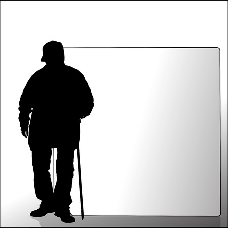 Vector silhouette of a old man with a sign for text.のイラスト素材