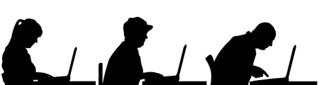 Vector silhouette of a people sitting at a computer on a white background.のイラスト素材