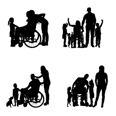 Vector silhouettes of people in a wheelchair on a white background. のイラスト素材