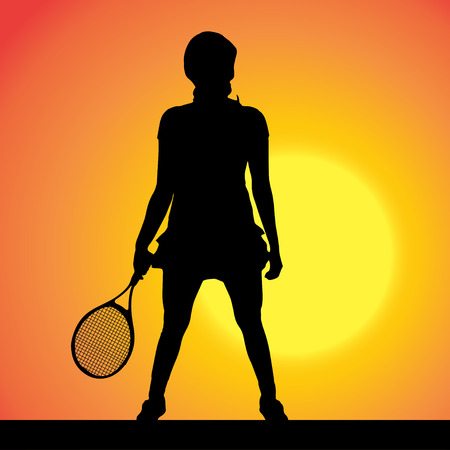Vector silhouette of a woman playing tennis at sunset.のイラスト素材