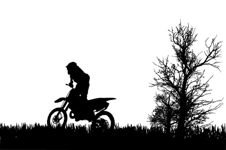 Vector silhouette of a man on a motorcycle as he rides in the countryside.のイラスト素材
