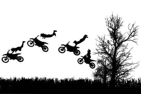 Vector silhouette of a man on a motorcycle as he rides in the countryside.のイラスト素材