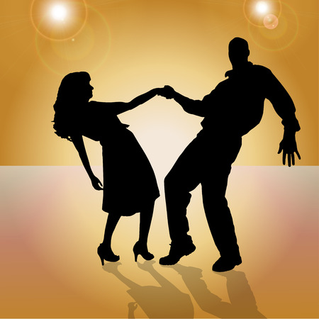 Vector silhouette of people who dance on orange background. のイラスト素材