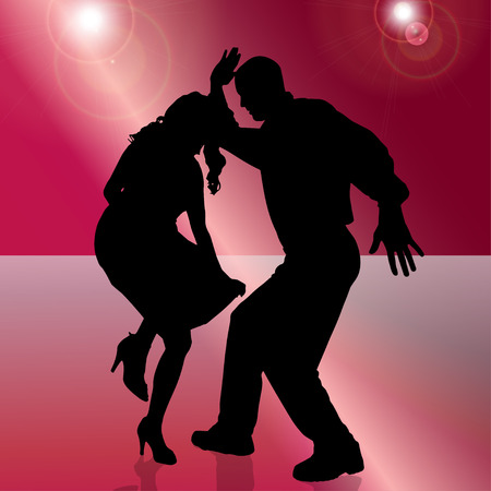 Vector silhouette of people who dance on red background. のイラスト素材