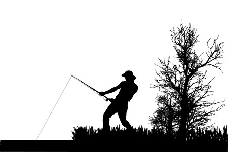 Vector silhouette of fishermen fish at the pond.のイラスト素材