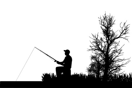 Vector silhouette of fishermen fish at the pond.のイラスト素材