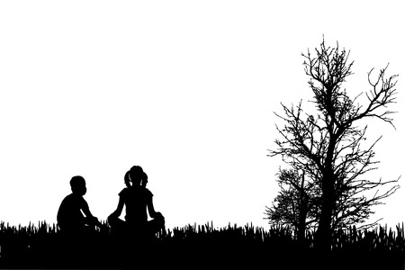 Vector silhouette of children in nature on white badckground.のイラスト素材