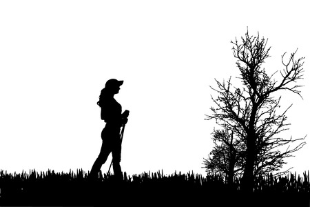Vector silhouette of people with nordic walking in nature.のイラスト素材