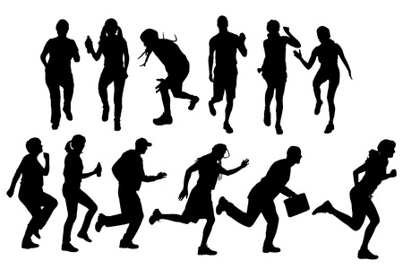 Vector silhouette of people who run on white background.のイラスト素材