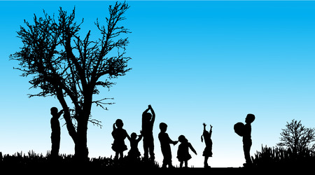 silhouette of children in nature along the beautiful days.のイラスト素材
