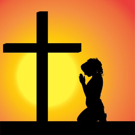silhouettes of woman at the Cross at sunset.のイラスト素材