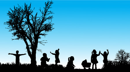 silhouette of children in nature along the beautiful days.のイラスト素材