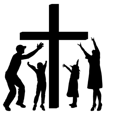 silhouettes of family at the Cross on white background.のイラスト素材