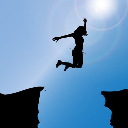 silhouette of a woman who jumps over rocks.のイラスト素材