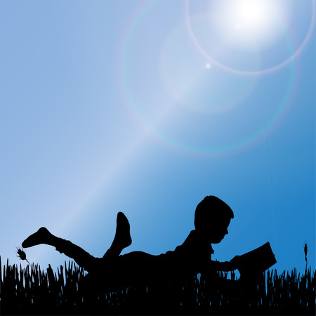 Vector silhouette of a boy sitting on the grass.のイラスト素材