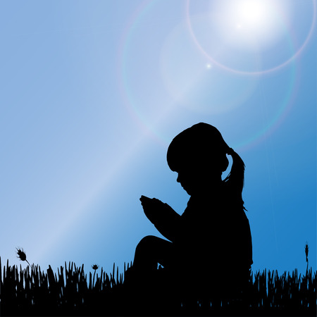 Vector silhouette of a girl sitting on the grass.のイラスト素材