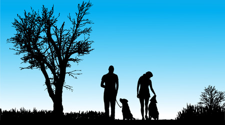 Silhouette of people with dogs in nature.のイラスト素材