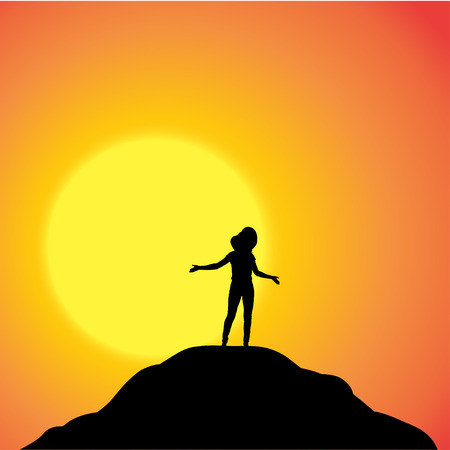 Vector silhouette of a woman in nature at sunset.のイラスト素材