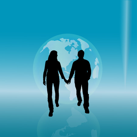 silhouette of couple with globe on the blue background.のイラスト素材