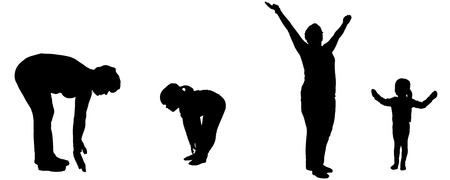 Vector silhouette of woman and child who practice.のイラスト素材