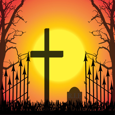 Vector silhouette of a cross in the cemetery at sunset.のイラスト素材